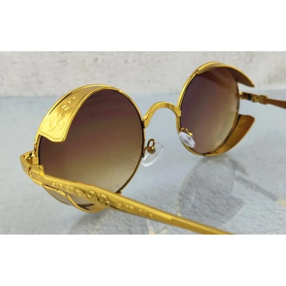 Sunglasses Round Metal Steampunk Gold Frame Brown Lens Diesel Punk Cosplay - Picture 5 of 11